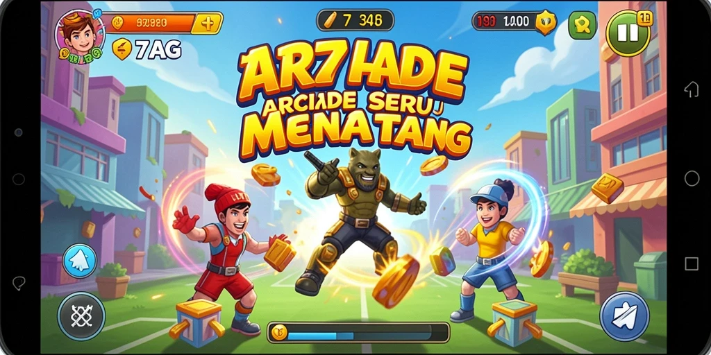 Screenshot utama 77AG menampilkan gameplay yang dinamis dan penuh warna.