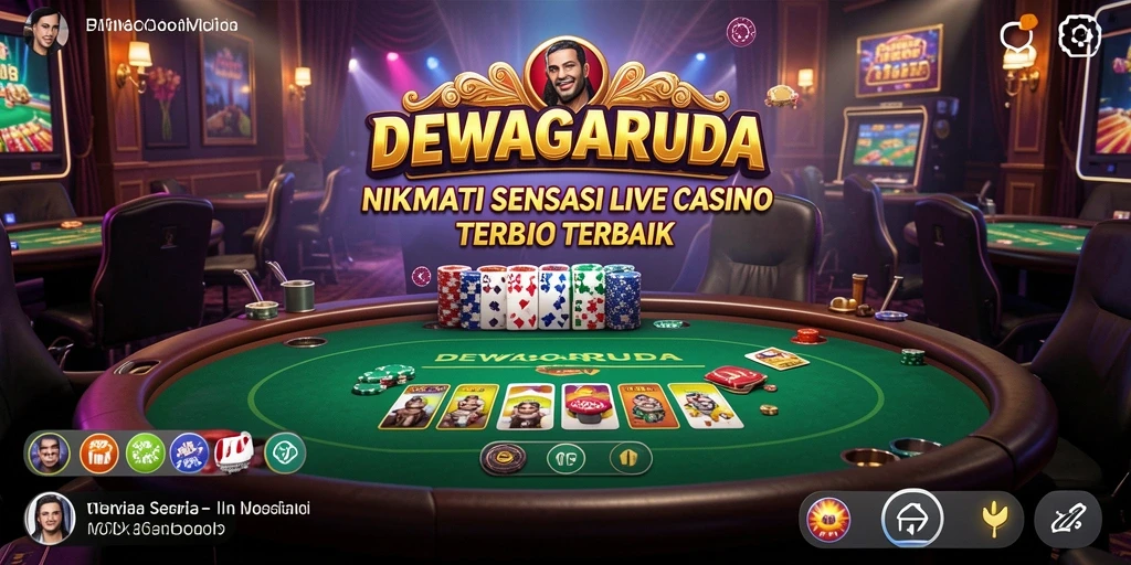 Screenshot gameplay DEWAGARUDA menampilkan dealer profesional dan suasana kasino yang mendebarkan.