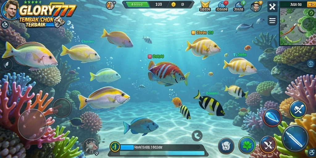 Screenshot gameplay GLORY777 yang menunjukkan aksi menembak ikan.