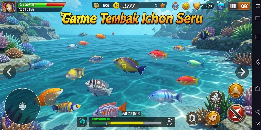 Screenshot L777 menampilkan aksi seru menembak ikan di lautan.