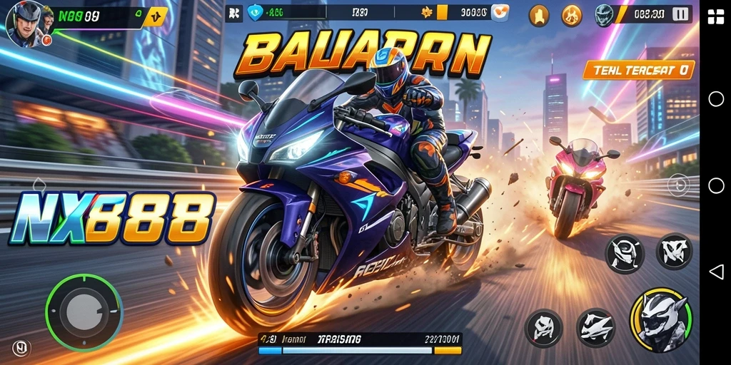 Screenshot gameplay NX888 menampilkan balapan motor yang penuh aksi.