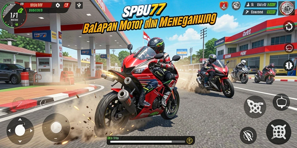 Screenshot gameplay SPBU77 menampilkan balapan motor yang mendebarkan dan penuh aksi.